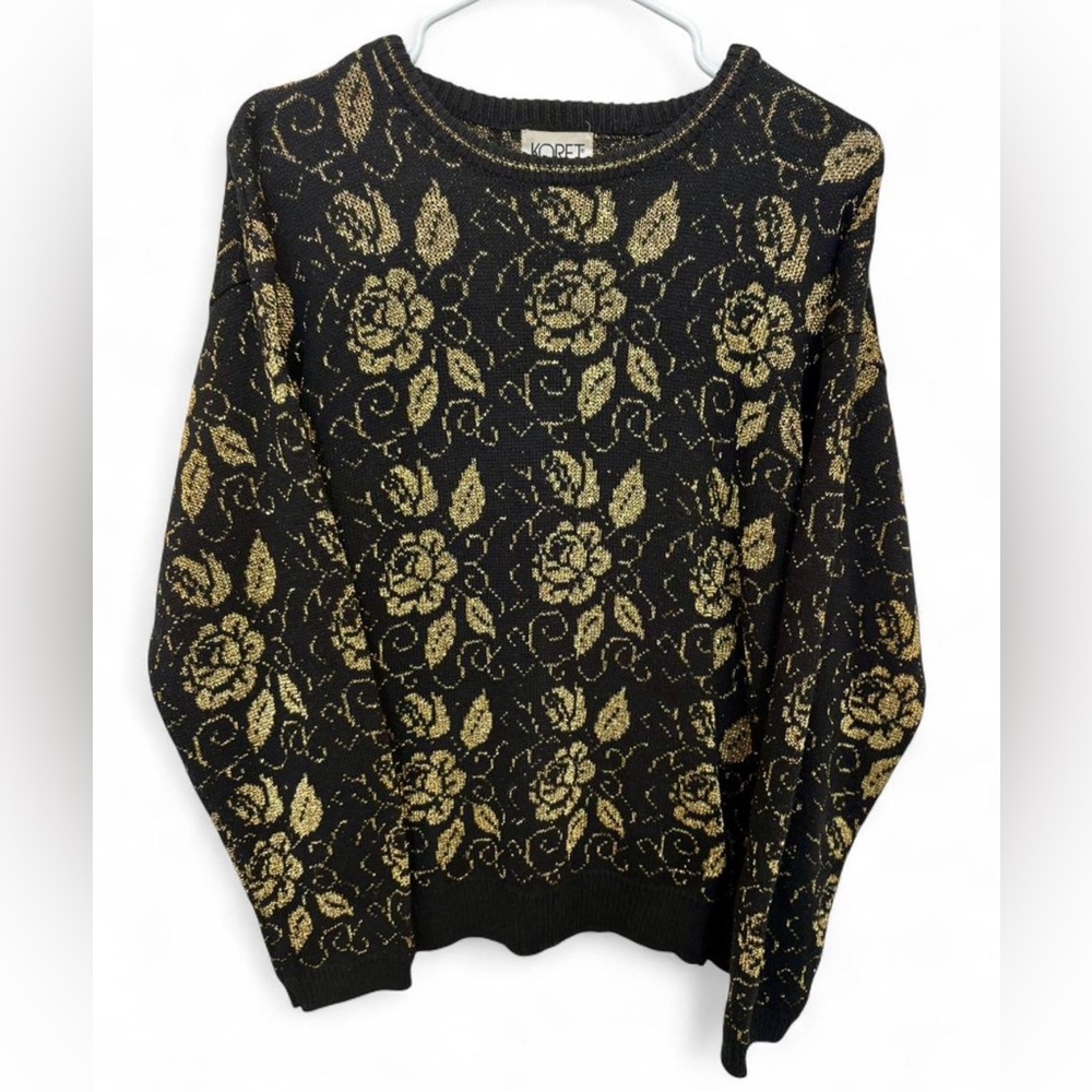 Women's Vintage Koret Black Pullover Sweater Gold Metallic Rose Pattern Medium